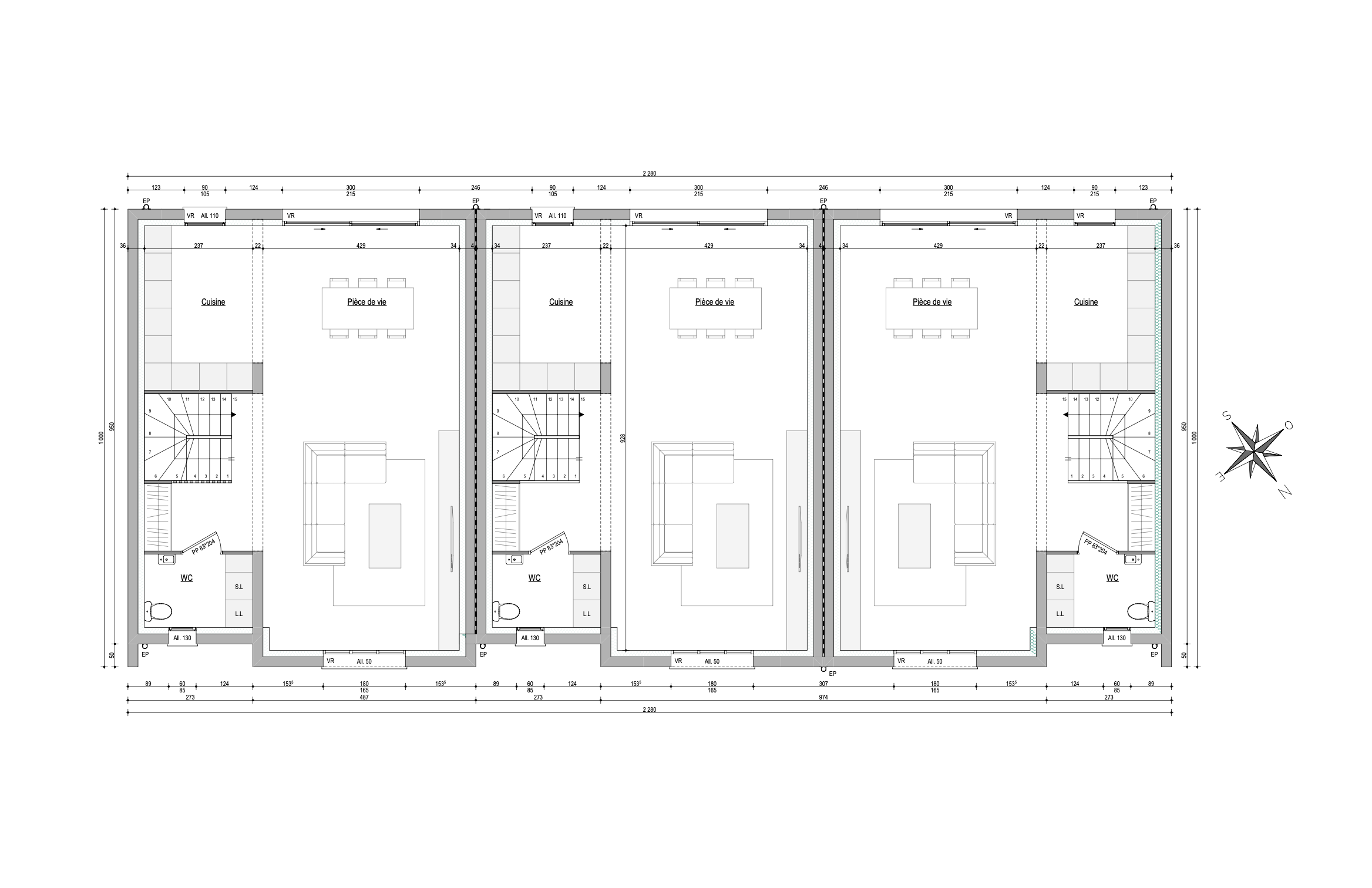 Maisons de ville R+2 121 m2 + garage de 42 m2 (Terrain + Maison)